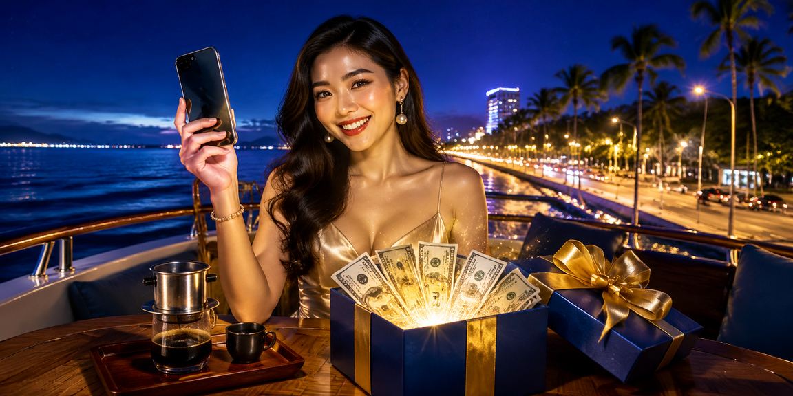 Người dùng Phan Thiết xem ưu đãi casino trên điện thoại tại quán cà phê ven biển